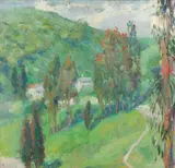 Luvena B. Vysekal, A valley with houses and trees, oil on board
