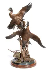 Ronnie Wells, Pintail Pair, bronze on marble and wooden bases with brown and dark green patina