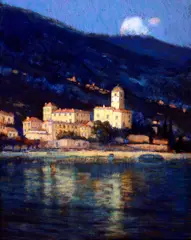 Charles Warren Eaton, Nocturne- City by the Shoreline, Bellagio, Lake Como, Italy, pastel on canvas