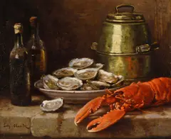 Eugène Claude, Lobster, oysters, and wine, oil on canvas