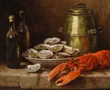 Eugène Claude, Lobster, oysters, and wine, oil on canvas