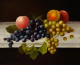 Still life with peaches and grapes by Carducius Plantagenet Ream, oil on canvas, sold Oct 2012