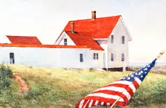 Peter Poskas, Porch Flag, Monhegan Light, oil on panel