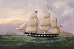 American School, 19th Century, The American ship William Jarvis headed out to sea, oil on canvas laid down on board