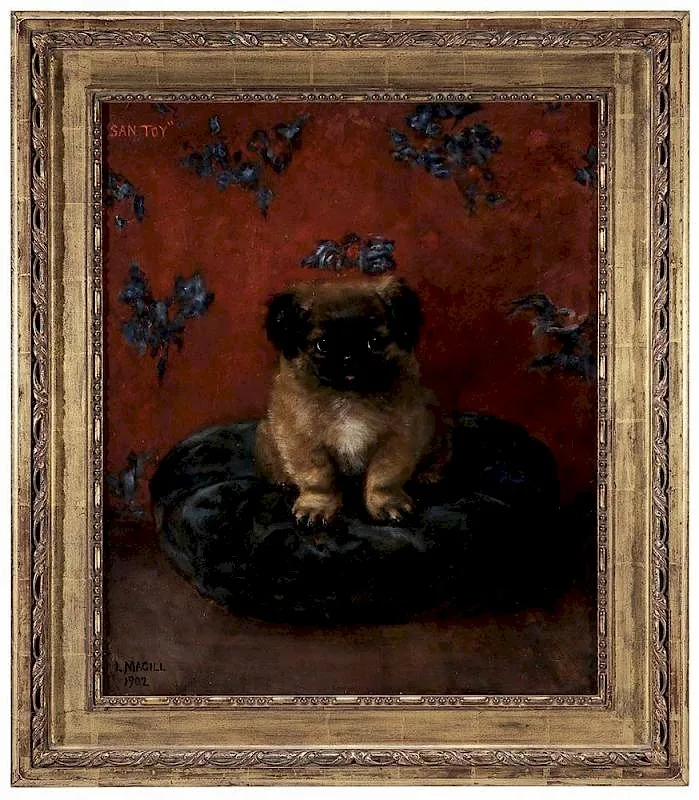 L. Magill, [San Toy], Pekinese on a pillow, 1902, oil on canvas