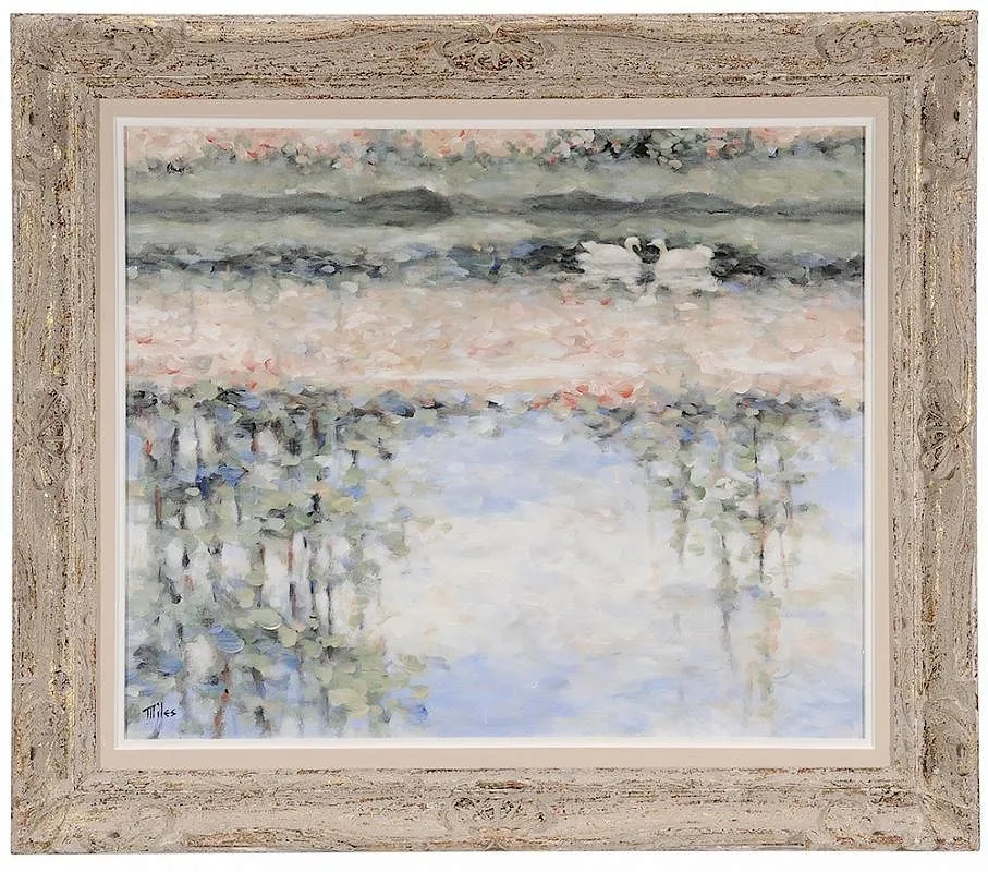 Matthew Miles, Swan Pair on a Pond, oil on canvas