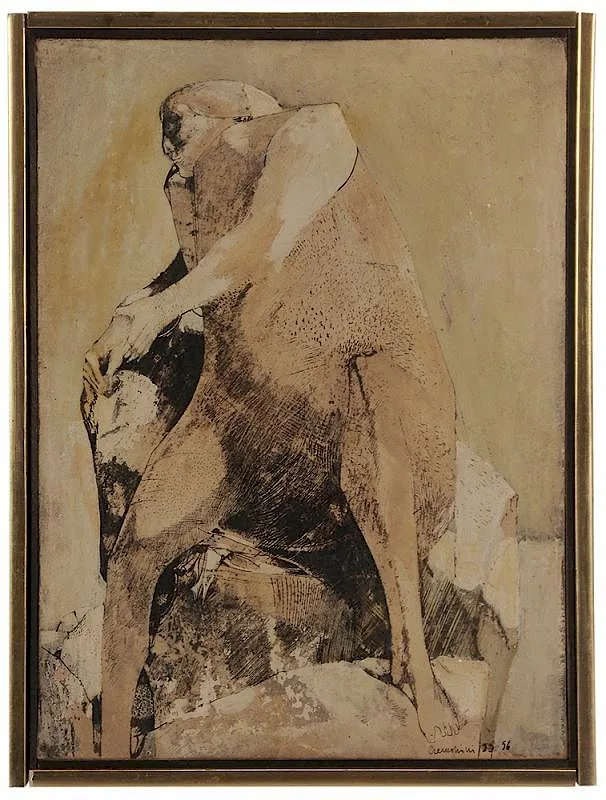 Leonardo Raffaello Cremonini, [Femme assise], 1955-56, gouache and ink on paper mounted on panel