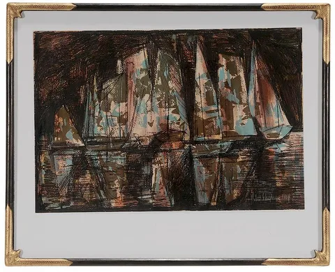 Hubert Shuptrine, Sailboats, 1964, mixed media on cream paper