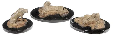Cheetah Studies, I, II, III by Richard MacDonald, 1996, patinated bronze on black marble bases, sold Nov 2015