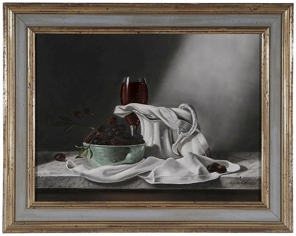 Robert H. White, Still Life with Black Raspberries and Wine, 1983, oil on artist board