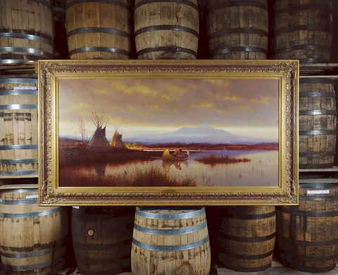 Mike C. Poulsen, Silent Waters, native American fishing in a birch bark canoe, oil on canvas