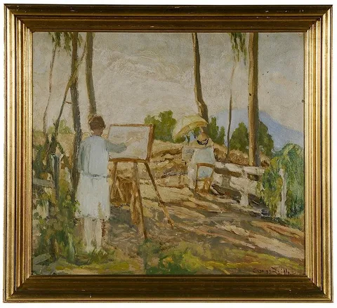 Charles Reiffel, Women Painting Among the Eucalyptus Trees, circa 1925, oil on fiberboard