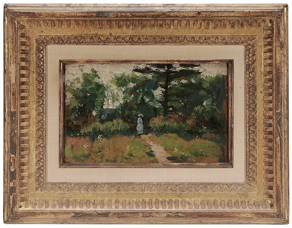 Lady on a Sunlit Path by Gilbert Gaul, oil on fiber board, sold Nov 2015