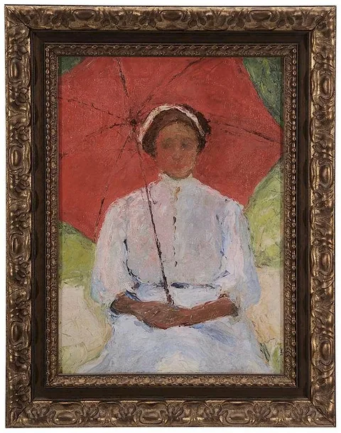 Adelaide Mahan, Young Woman with Red Umbrella, oil on canvas