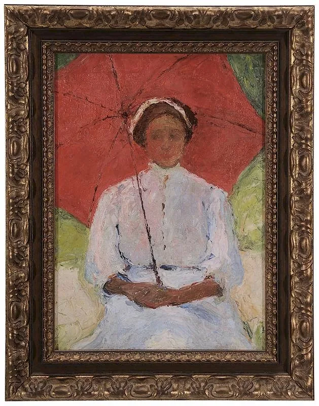 Adelaide Mahan, Young Woman with Red Umbrella, oil on canvas