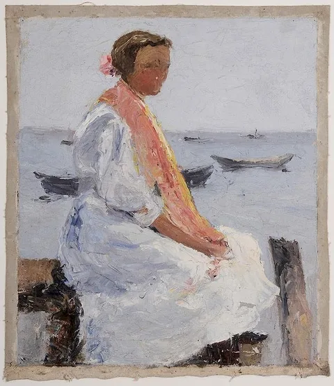 Adelaide Mahan, Woman Seated in a Harbor, oil on canvas