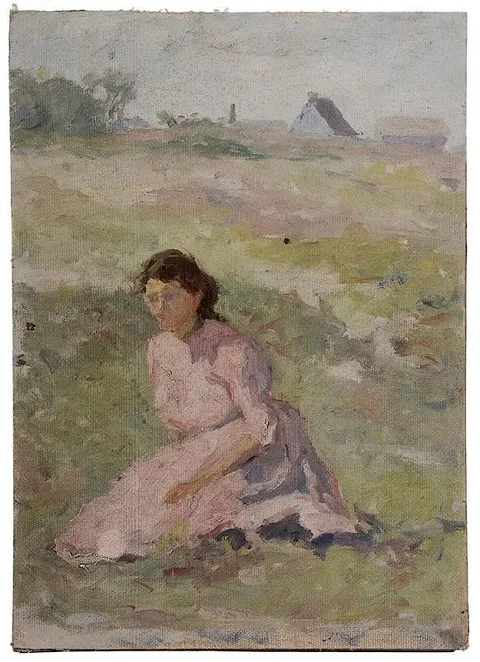 Adelaide Mahan, Seated Woman in a Landscape, oil on artist board