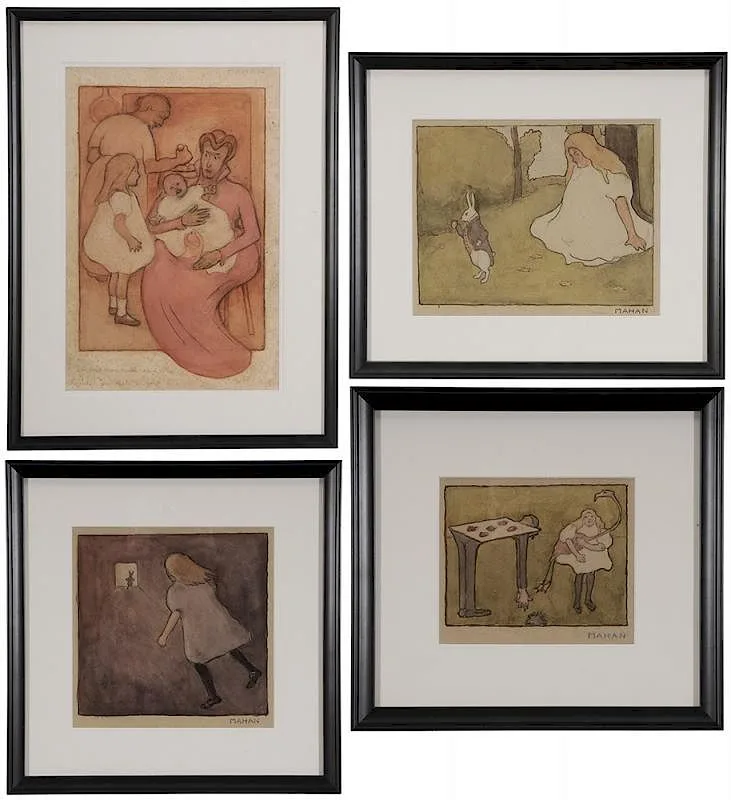 Adelaide Mahan, Untitled, Four scenes from [Alice in Wonderland,] watercolor over graphite on paper: a duchess holding a baby