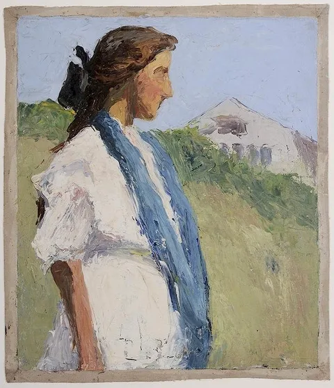 Adelaide Mahan, Woman in White with a Blue Shawl, oil on canvas