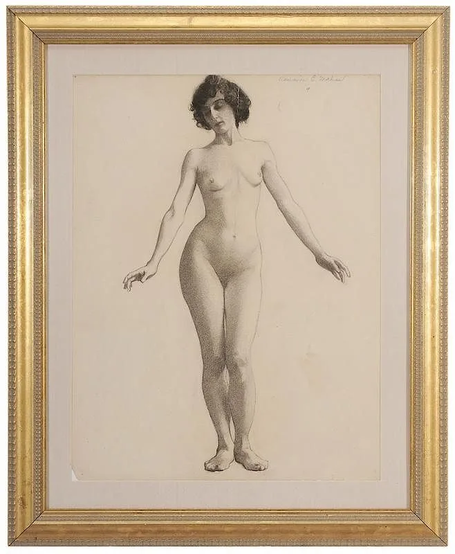 Adelaide Mahan, Nude with Arms Outstretched, "Adelaide E. Mahan No. 9" upper right, pencil drawing on paper