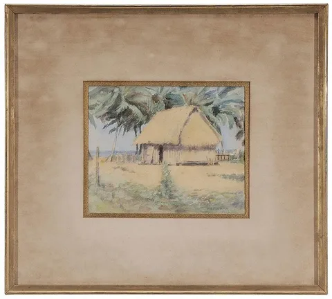 Seaside Hut with Palm Tree by Adelaide Mahan, watercolor on paper, sold Nov 2015