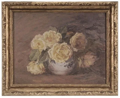 Adelaide Mahan, Yellow Roses in Blue and White Bowl, oil on canvas