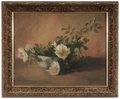 Adelaide Mahan, Porcelain Bowl Filled with Cherokee Roses, front signed "Mahan", "Mahan" in pencil verso, oil on canvas