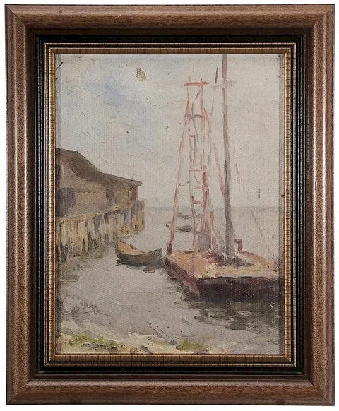 Repair Barge and Dock by Adelaide Mahan, oil on artist board, sold Nov 2015