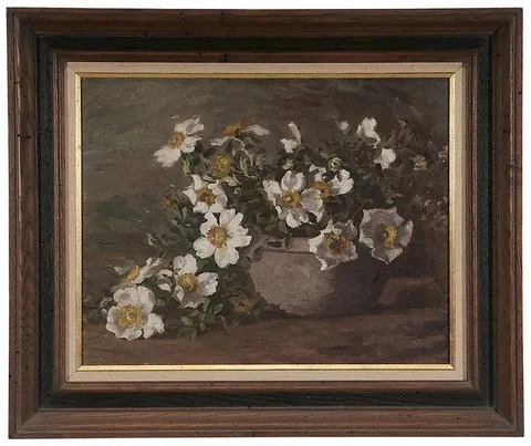 Adelaide Mahan, Cherokee Roses in Earthenware Bowl, oil on board