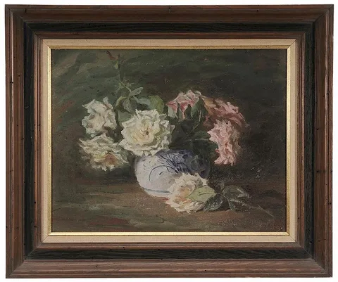 Adelaide Mahan, Pink and White Roses in a Porcelain Bowl, oil on artist board