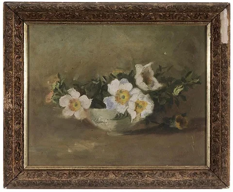 Adelaide Mahan, Cherokee Roses in a Bowl, oil on canvas