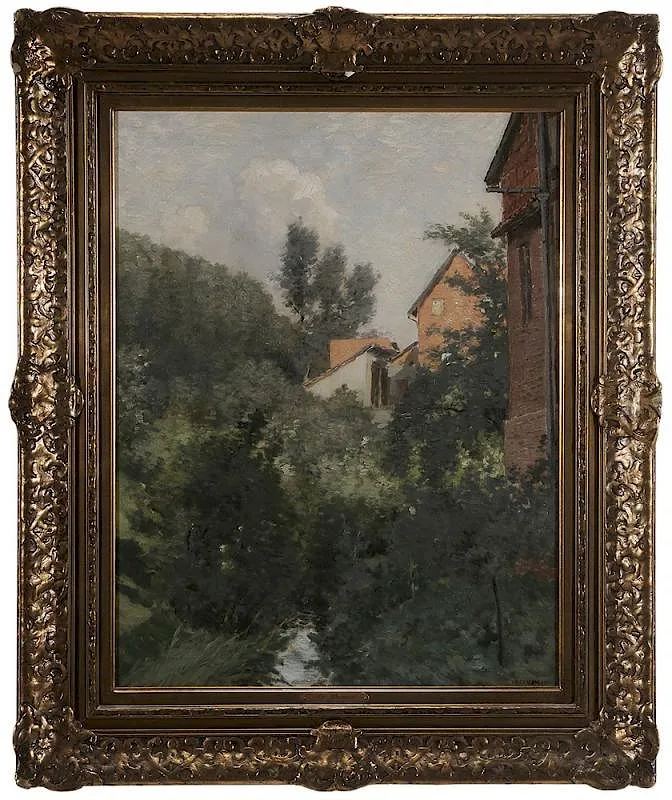 William Clusmann, Brook Running by Houses, oil on canvas