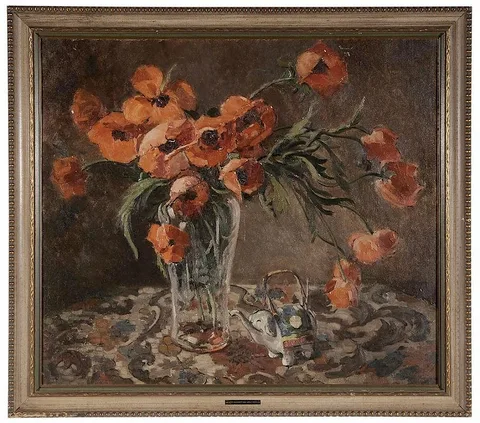 Harriet Krawiec, Still Life with Vase of Poppies and Elephant, oil on canvas