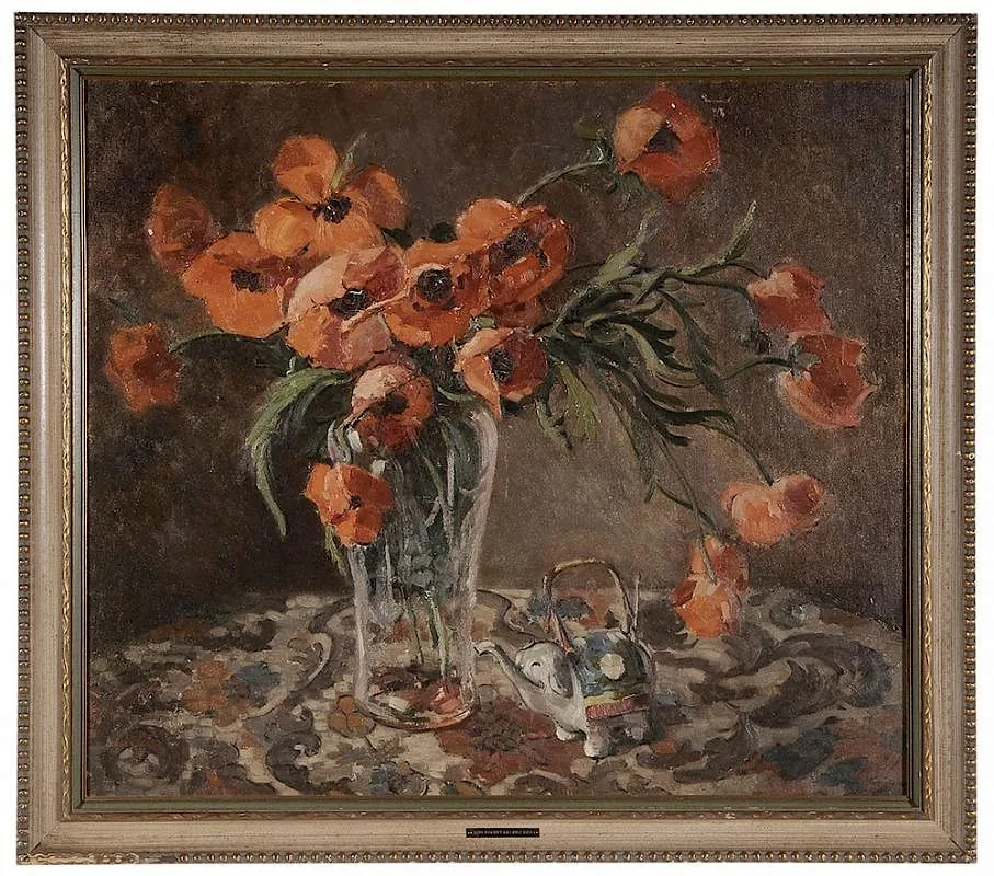 Harriet Krawiec, Still Life with Vase of Poppies and Elephant, oil on canvas