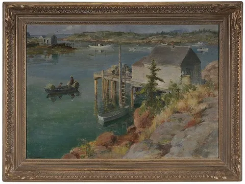 Adam Emory Albright, New England Harbor, oil on canvas
