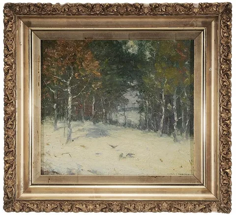 Clark Summers Marshall, Winter Landscape with Birds, oil on card