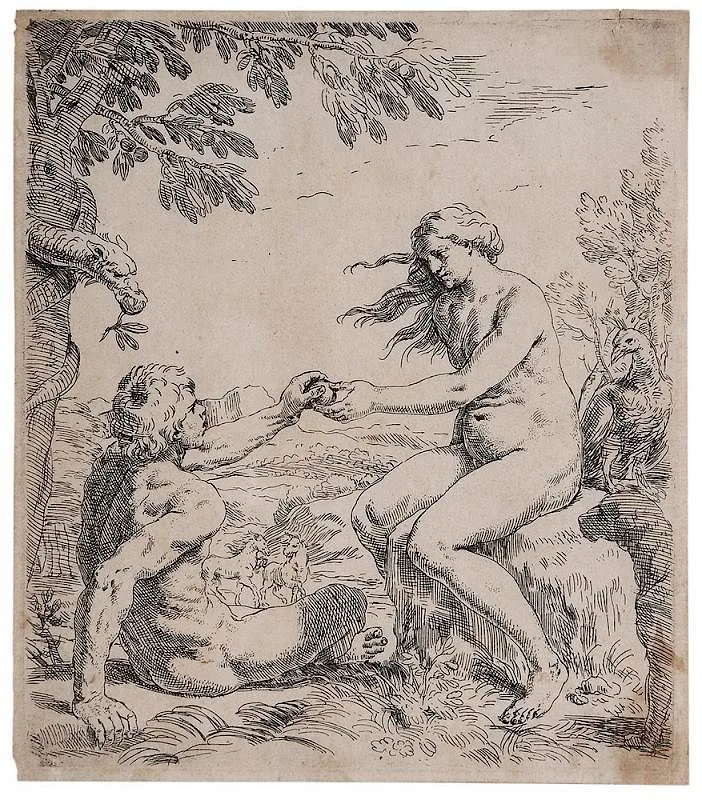 Adam and Eve by Simone Cantarini, etching on laid paper, sold Nov 2015