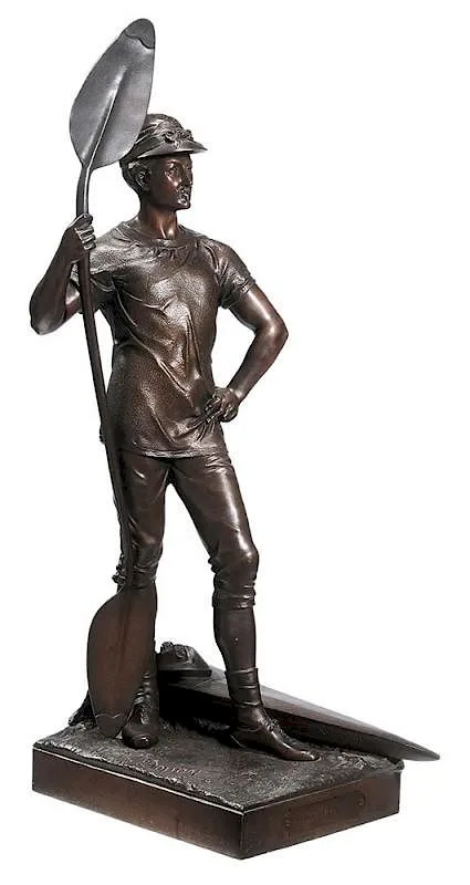 Marc Christophe Douay, [Avant la Course,] paddler standing beside a boat "The Margot" with paddle, patinated bronze