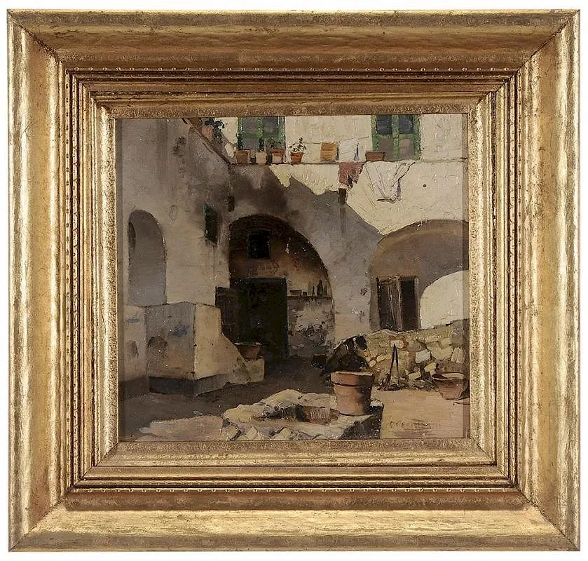 Carlo Perindani, Sunlit Courtyard, oil on panel