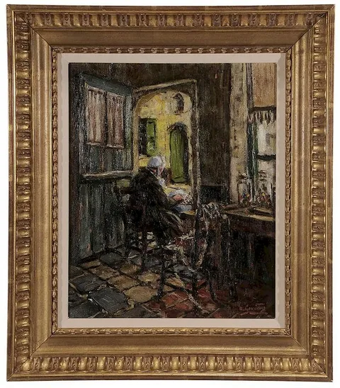 Albert Geudens, Woman Doing Needlework at a Door, oil on panel