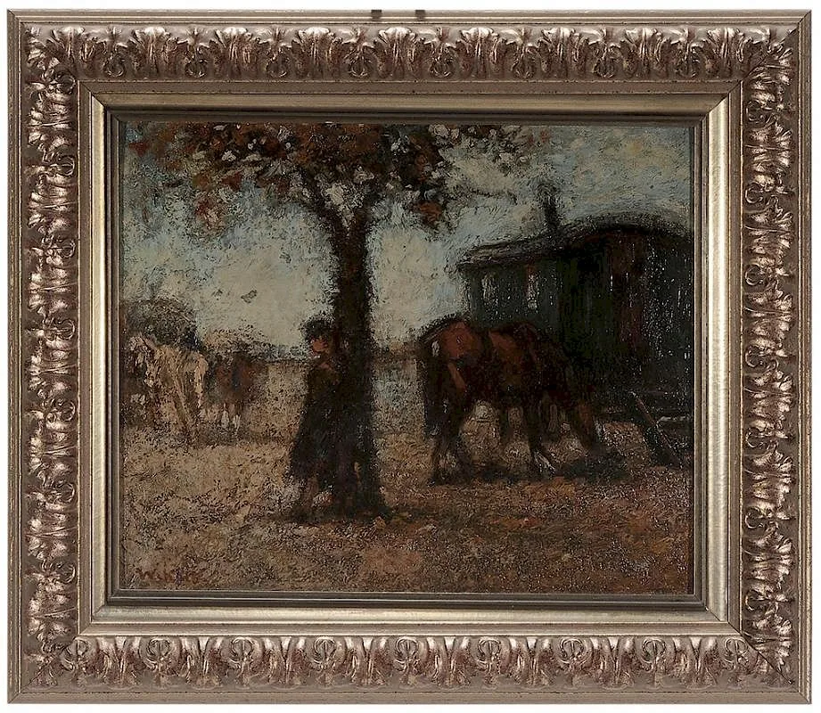 Walter Krebs, Gypsy Encampment, oil on canvas board
