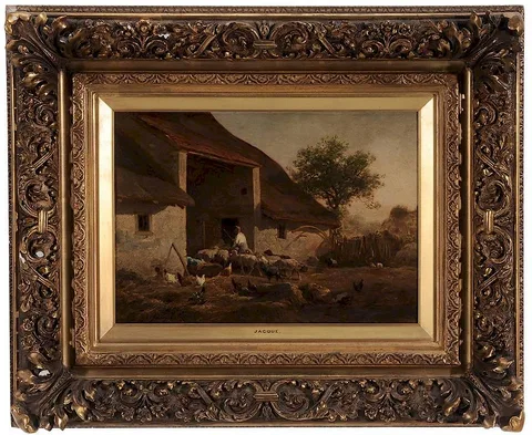 Charles Jacques, Shepherd Herding Sheep into a Barn, oil on panel
