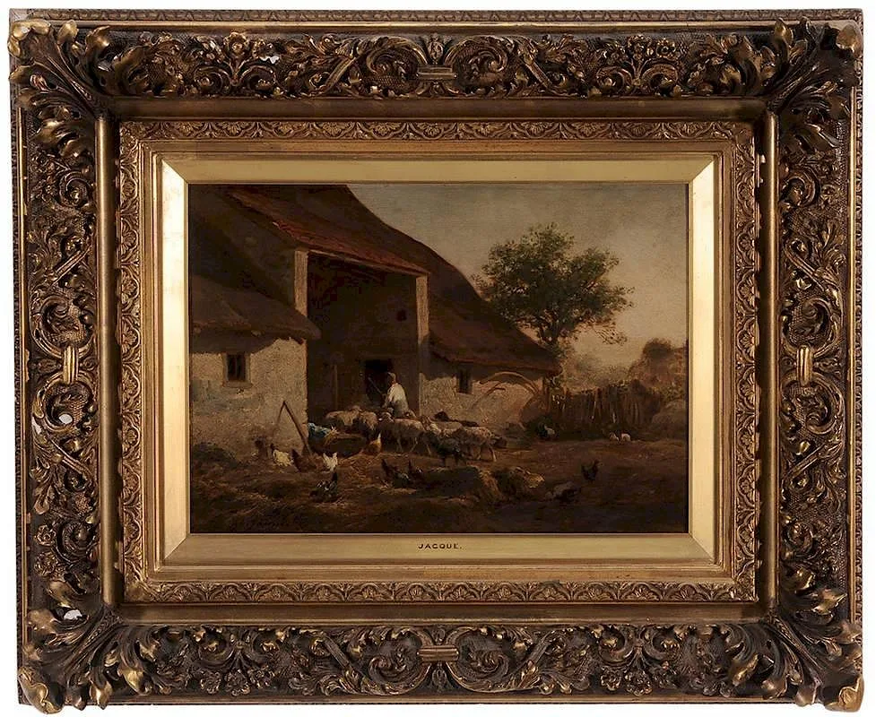 Shepherd Herding Sheep into a Barn by Charles Jacques, oil on panel, sold Jun 2015