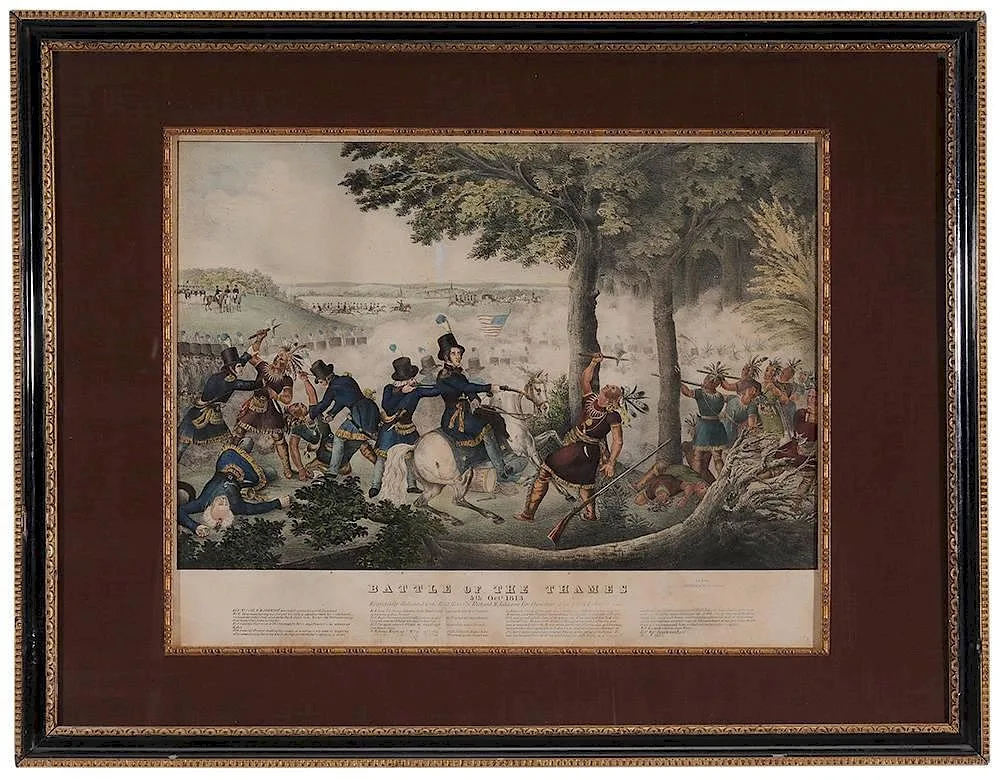 John Dorival, Battle of the Thames, 5th Oct. 1813, published circa 1833 by Ed Weber Baltimore, hand-colored lithograph with gum arabic on paper