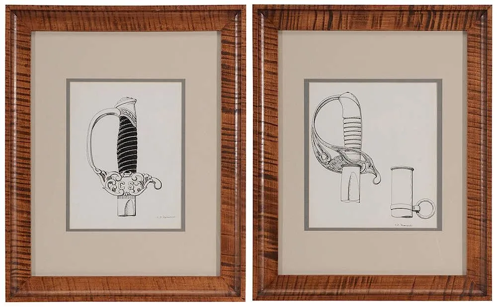 Carl J. Pugliese, two studies of Confederate sword hilts, original illustrations for William A. Albaugh Confederate Edge Weapons, 1960, ink on paper