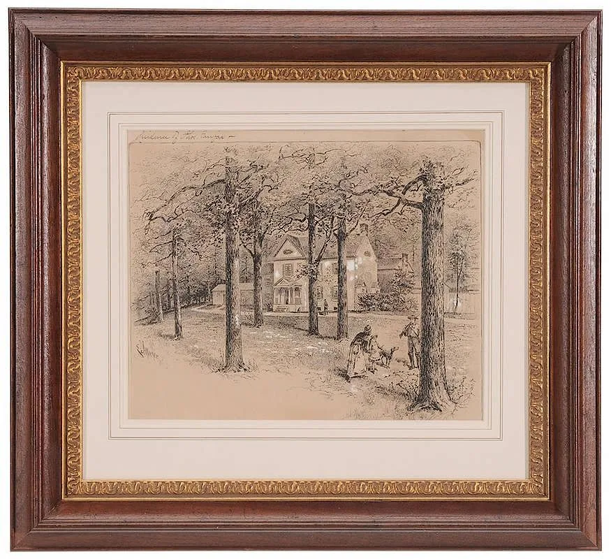 Edwin J. Meeker, The Residence of Thomas Fairfax, an illustration for The Civil War Diary of Anne S. Frobel: Of Wilton Hill in Virginia, ink and body color on paper laid on card