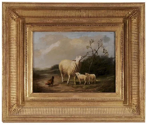 Joseph Van Dieghem, Sheep with Two Lambs and a Chicken, oil on panel