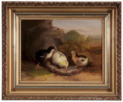 Mary Russell Smith, Three Chicks Drinking from an Old Canteen at Gettysburg, oil on artist board