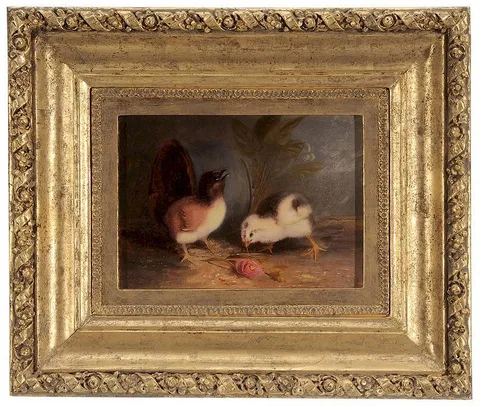 Two Chicks with a Rose and Firkin by Mary Russell Smith, circa 1864, oil on paper, sold Jun 2015