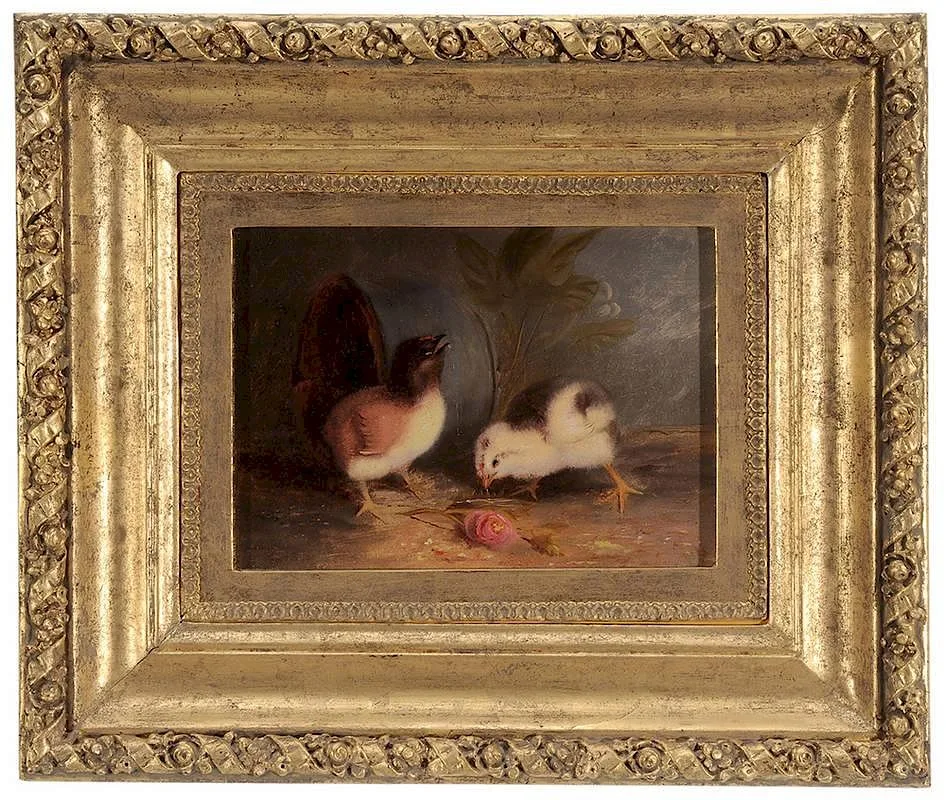 Mary Russell Smith, Two Chicks with a Rose and Firkin, circa 1864, oil on paper